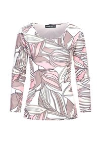 Langärmliges Oberteil aus leichtem Stretchstoff mit einem rosa-beigen Blattdruck und weißen Akzenten sowie einem runden Halsausschnitt.