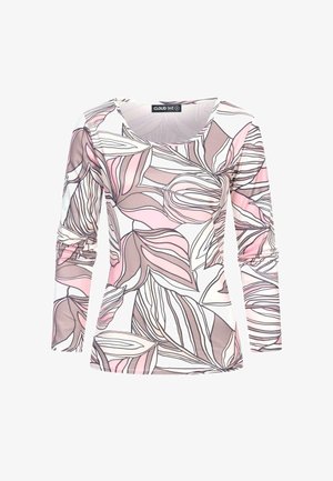 Maglietta a maniche lunghe in tessuto elasticizzato leggero, caratterizzata da una stampa di foglie rosa e beige con accenti bianchi e scollatura a barchetta.