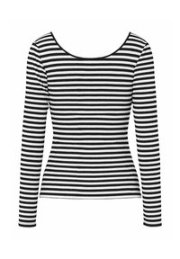 Pruhovaná černobílá košile s dlouhým rukávem, kulatým výstřihem a ribbovanou strukturou, přiléhavý střih, hladký materiál.