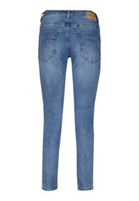 Slanke blå denimjeans med en lysnet vask, fem-lomme design og syede baglommer. Har et lædermærke på linningen.