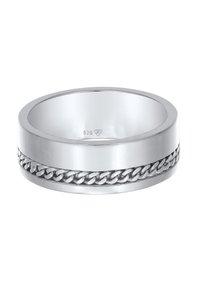 Zilveren ring met een gepolijste afwerking, voorzien van een centraal kettingschakelontwerp, vervaardigd uit 925 sterling zilver, met ronde randen.