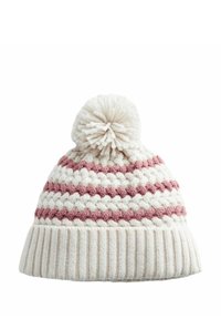 Gehaakte muts in crème en zacht roze, met een textuurpatroon, ribbelmanchette en een fluffy pompon bovenop.