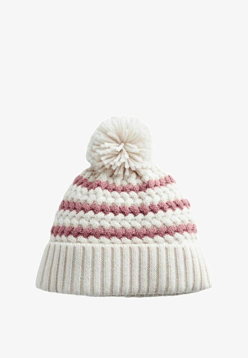Berretto lavorato a maglia in crema e rosa soft, con un motivo testurizzato, bordo a coste e un soffice pom pom in cima.