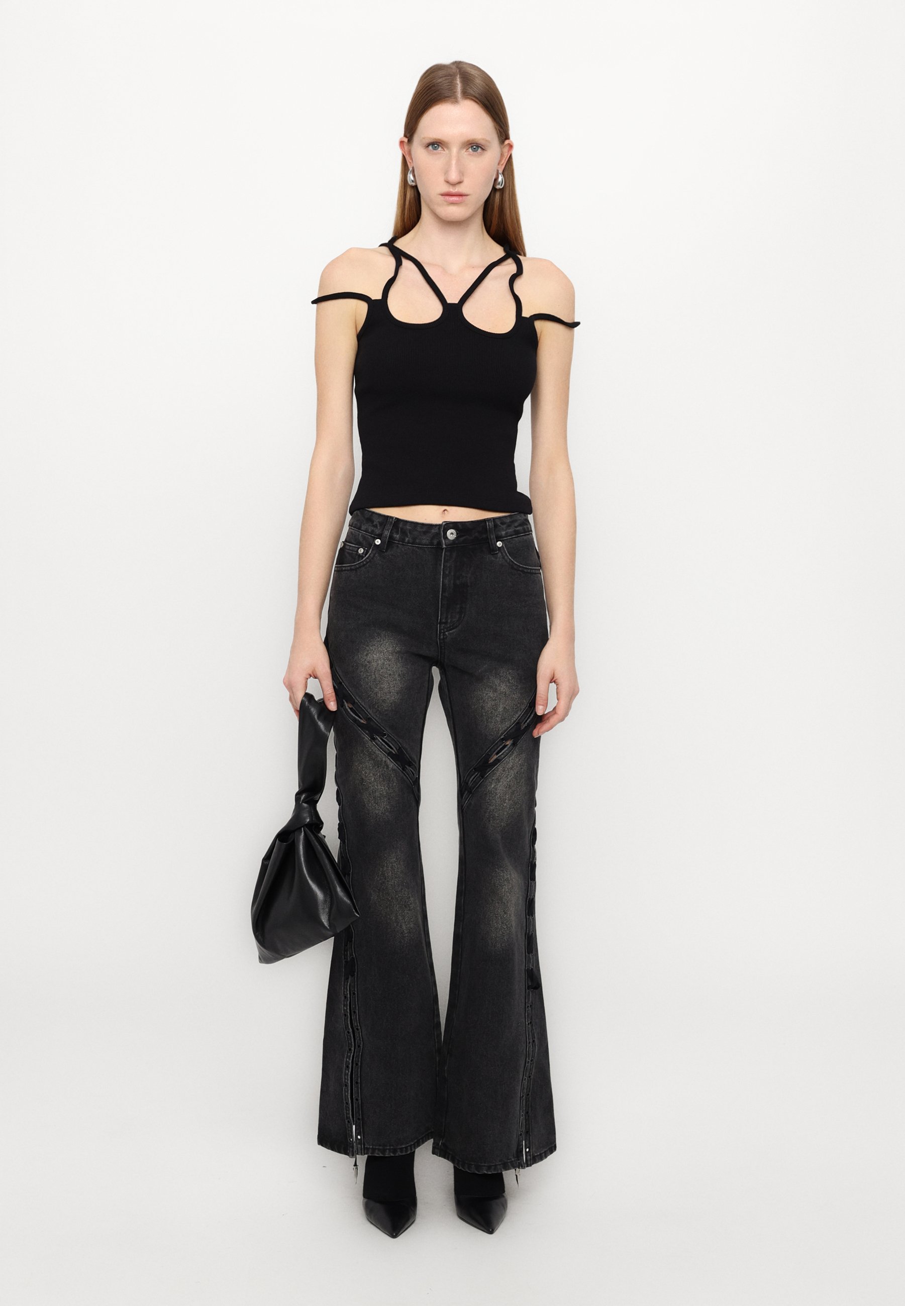 Feng Chen Wang DECONSTRUCTION LACE UP - Flared Jeans - black