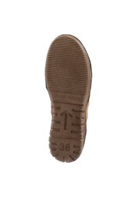 Brązowa gumowa podeszwa buta z teksturowanym gripem, z wyrytym logo i rozmiarem 38, prezentująca okrągły wzór na pięcie.