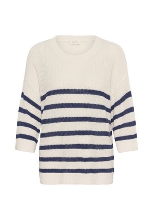 Kreemjas kootud kampsun tumesiniste horisontaalsete triipudega, kolmeveerandvarrukatega ja ümar kaelusega.