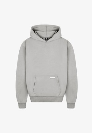 Lysegrå pullover-hoodie med frontlomme og ribstrikkede ærmeafslutninger og kant, vist på hvid baggrund.