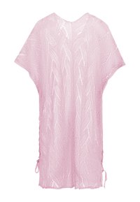 Světle růžový háčkovaný kaftan s v-výstřihem, krátkými rukávy a bočními vazy. Obsahuje texturovaný vzor po celé ploše.