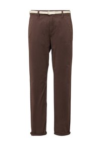 Pantalons bruns en coton au design droit, avec une ceinture tressée crème et des ourlets retroussés. Texture lisse et détails minimalistes.