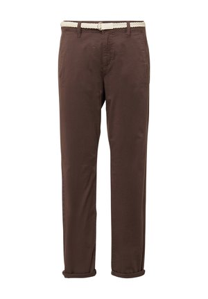 Pantalons bruns en coton au design droit, avec une ceinture tressée crème et des ourlets retroussés. Texture lisse et détails minimalistes.