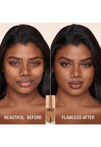 Before-and-after comparison of a person’s face, featuring smooth skin and a bottle of airbrush foundation with a gold cap in the center.