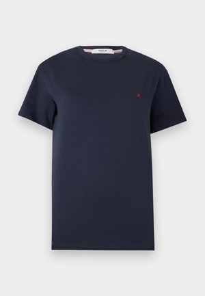 Marineblå kortermet bomulls-T-skjorte med rund hals og lite rødt brodert logo på venstre bryst.