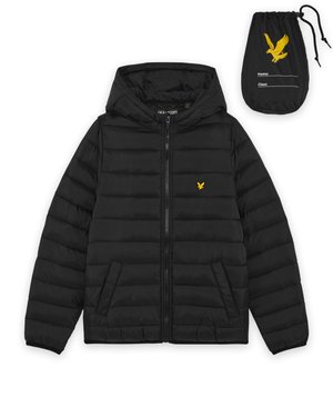 Μαύρο καπιτονέ μπουφάν με κουκούλα και φερμουάρ μπροστά, δύο τσέπες, μικρό κίτρινο λογότυπο πουλιού στο στήθος και αντίστοιχη μαύρη θήκη με κορδόνι, με πεδία λογότυπου και ετικέτας.