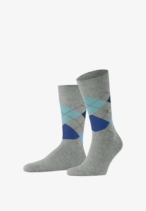 Gray cotton socks featuring a diamond pattern in light blue, dark blue, and navy, with red stitching accents. Mid-calf length.