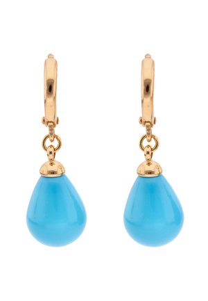 Cercei creolă din aur cu pandantive alungite în formă de pară, de culoare turcoaz albastru, netede, atârnând de inele mici din aur.