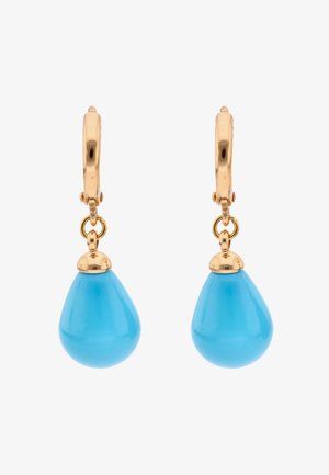 Cercei creolă din aur cu pandantive alungite în formă de pară, de culoare turcoaz albastru, netede, atârnând de inele mici din aur.