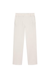 Proste spodnie w kolorze off-white z paskiem, kieszeniami bocznymi i ukrytym zapięciem z przodu.