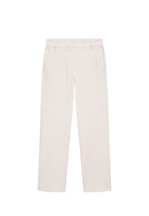 Pantalons droit écrus avec passants de ceinture, poches latérales et fermeture dissimulée à l'avant.