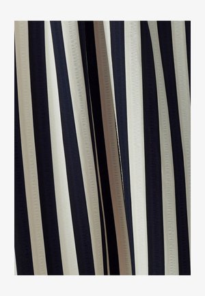 Vertical striped fabric featuring alternating navy blue, cream, and black stripes. Smooth texture with a subtle sheen.
