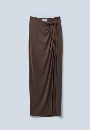 Brown, knee-length skirt made of soft, draped fabric. Features a twisted knot detail at the waist and a smooth texture.