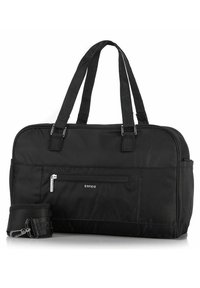 Borsa in tessuto nero con doppie maniglie, tasca frontale con zip, protezione RFID e tracolla regolabile e removibile. Superficie liscia, forma rettangolare.