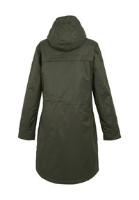 Long manteau d'hiver à capuche de couleur vert foncé, à manches longues, vu de dos.