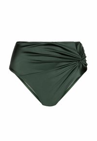 Augstās jostas vietas bikini apakšdaļa tumši zaļā krāsā. Gluda, elastīga materiāla izstrādājums ar mudžekļveida detaļu priekšā un elegantiem, neizrotātiem sāniem.