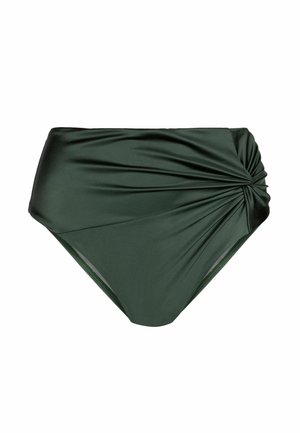 Bas de bikini taille haute en vert foncé. Matière lisse et extensible avec un détail torsadé à l'avant et des côtés élégants sans ornements.