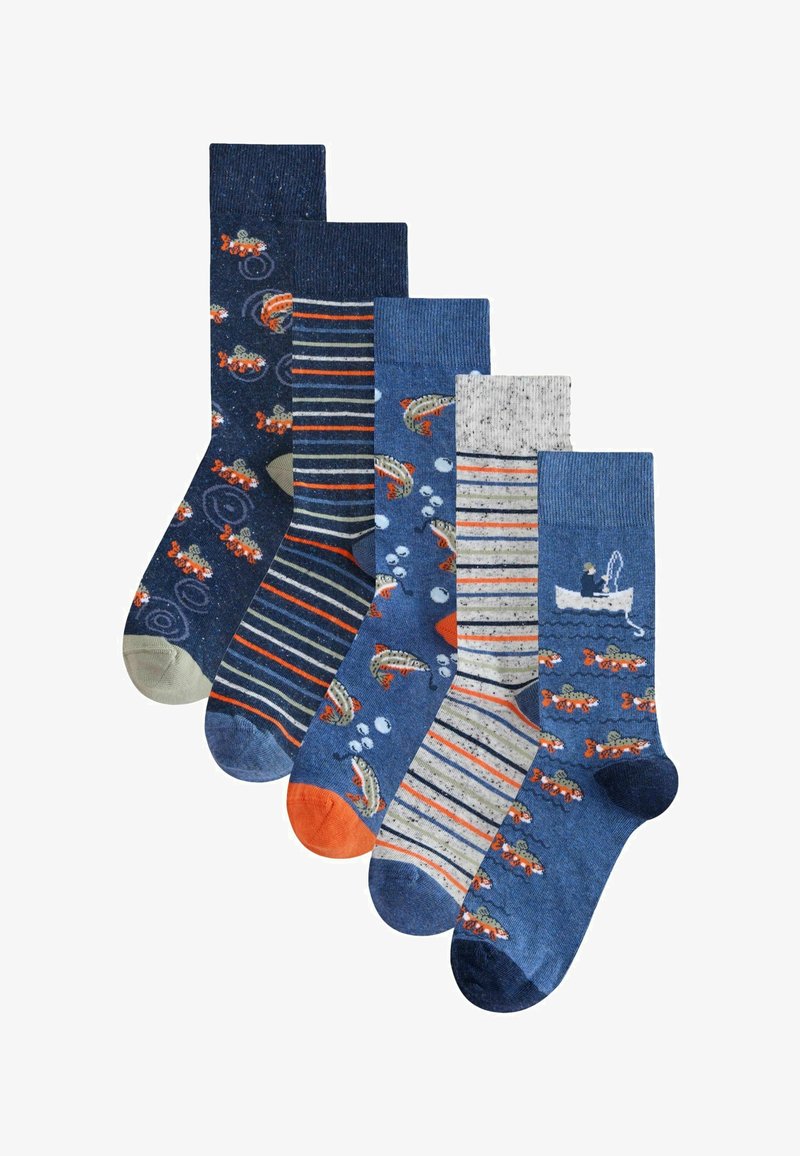 Penkių kojinių rinkinys įvairių mėlynų atspalvių. Su žuvų, juostelių ir burbulų raštais. Pagaminta iš megzto audinio su sustiprintais pirštais.