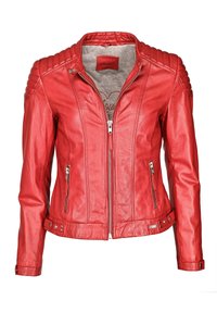 Rød læderjakke med tætsiddende design, ribstrikkede skulderdetaljer, lynlåslukning foran og sidelommer. Glat tekstur og metalhardwaredetaljer.