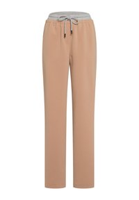 Beige jogger pants with a gray drawstring waist, featuring a soft texture and two front pockets. Straight leg design.