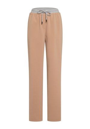 Beige jogger pants with a gray drawstring waist, featuring a soft texture and two front pockets. Straight leg design.