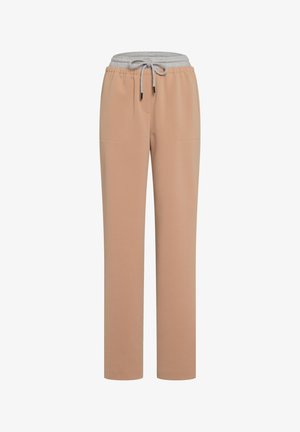 Beige jogger pants with a gray drawstring waist, featuring a soft texture and two front pockets. Straight leg design.
