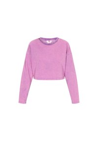 Maglietta corta a maniche lunghe di un leggero viola, realizzata in un tessuto morbido. Scollo rotondo e spalle cadenti, con una sottile texture lavata.