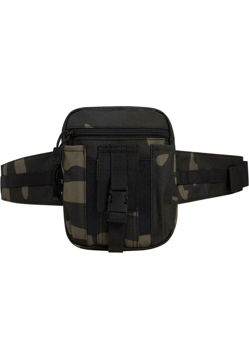 Marsupio mimetico realizzato in tessuto resistente; presenta un compartimento principale con zip, una tracolla regolabile e numerosi anelli in rete sul davanti.