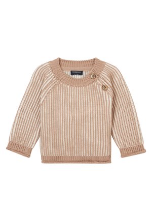 Beige-weißer gestreifter Strickpullover mit rundem Halsausschnitt, Dreiviertelärmeln und zwei Holzknöpfen an der Schulter.