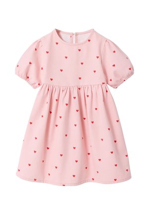 Pink toddler dress with short puff sleeves and scattered small red heart patterns, featuring a gathered waist and back button closure.