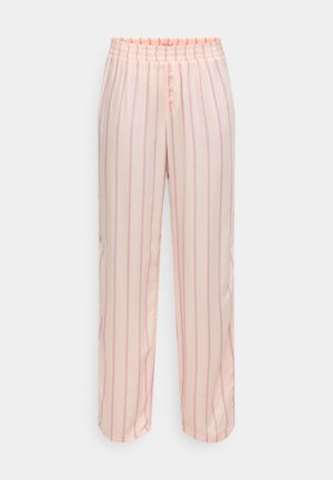 Pantaloni roz deschis cu dungi, dintr-un material moale, având talie elastică și trei nasturi în față pentru închidere.