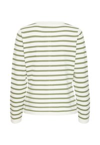 Majica z dolgimi rokavi s prosto izmenjujočimi zelenimi in belimi črtami, okroglim izrezom in rebrasto teksturo. Prikazan je pogled od zadaj.