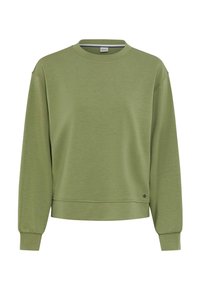 Felpa verde in cotone con scollo rotondo, maniche lunghe e orlo leggermente accorciato. Presenta un accento argentato in basso a sinistra.