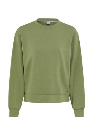 Grüner Baumwollpullover mit rundem Halsausschnitt, langen Ärmeln und einem leicht verkürzten Saum. Mit einem silbernen Akzent unten links.