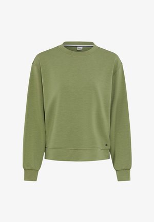 Grøn bomulds sweatshirt med rund halsudskæring, lange ærmer og en let cropped kant. Har en sølvfarvet detalje nederst til venstre.