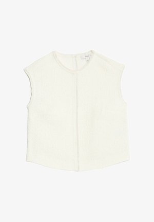 Haut sans manches blanc en tissu texturé. Il présente un col rond, un ourlet droit et une fermeture dans le dos, lui conférant un design épuré.