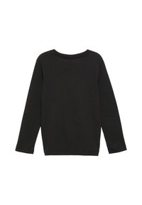Zwarte langslavige crew neck shirt, eenvoudige ontwerp, plat gelegd met de achterkant tegen een witte achtergrond.