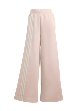 Light pink wide-leg pants with elastic waistband and white triple stripes running down the left side leg.