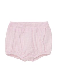 Ljust rosa bomullsbyxor med rutigt mönster, med elastisk midja och rynkade bensluttningar. Mjuk, slät textur.