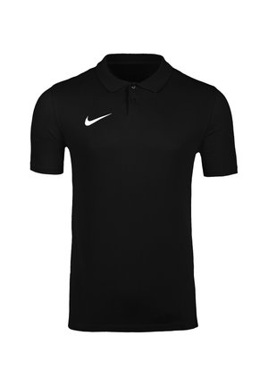 Schwarzes Poloshirt mit kurzen Ärmeln, Kragen und Zwei-Knopf-Leiste, mit weißem Nike Swoosh-Logo auf der rechten Brust.