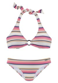 Podloga za bikini z vzorcem črt featuring triangle top z osrednjim obročem in halter ties. Barve vključujejo roza, belo, bež in modro.