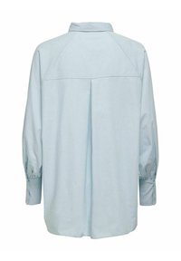 Camicia azzurra chiara a maniche lunghe con colletto, polsini arricciati e dettaglio a piega sul retro. Tessuto liscio con una leggera lucentezza.