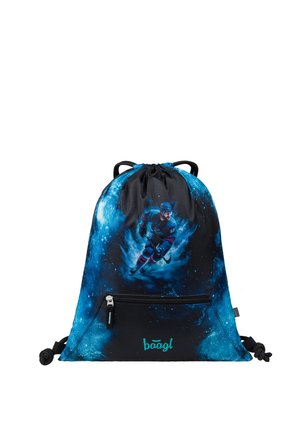 Zaino con coulisse e tasca con zip, design galassia nero e blu, con un giocatore di hockey in azione stampato sul davanti.